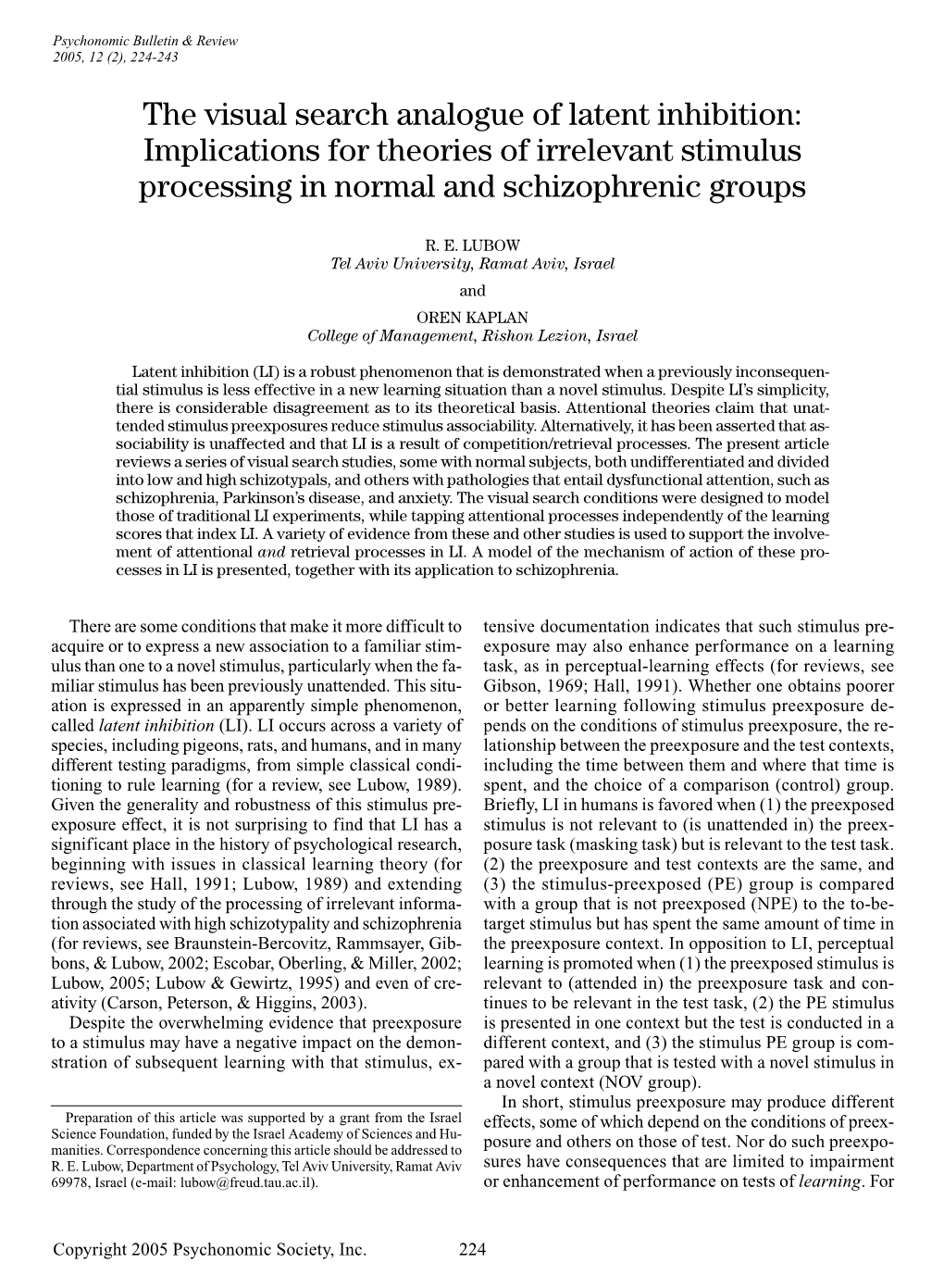 The Visual Search Analogue of Latent Inhibition: Implications for Theories of Irrelevant Stimulus Processing in Normal and Schizophrenic Groups