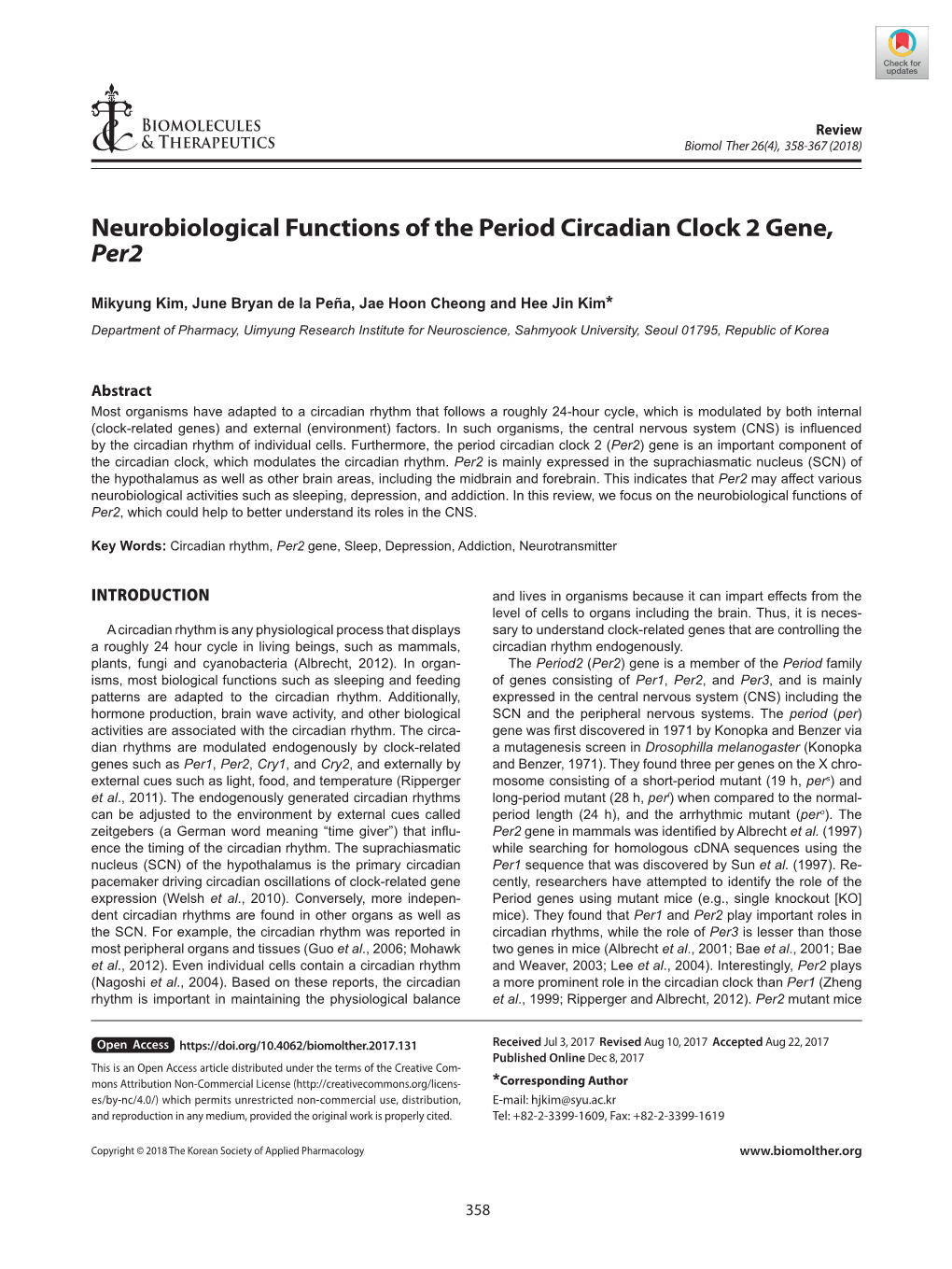 Neurobiological Functions of the Period Circadian Clock 2 Gene, Per2