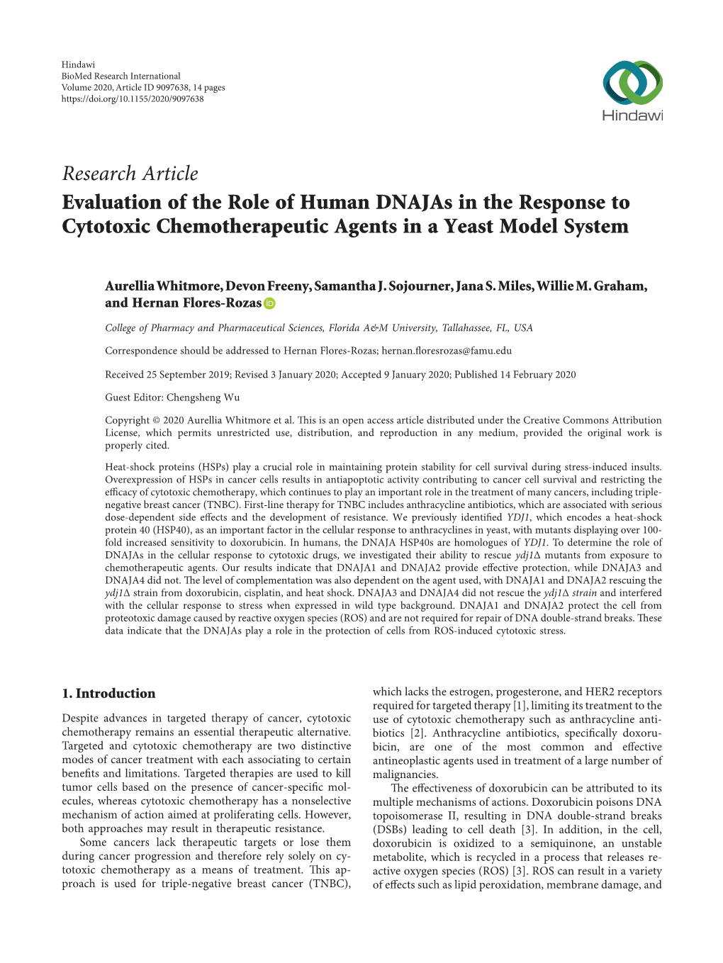Evaluation of the Role of Human Dnajas in the Response to Cytotoxic Chemotherapeutic Agents in a Yeast Model System