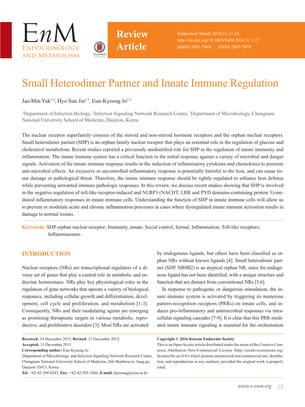 Small Heterodimer Partner and Innate Immune Regulation