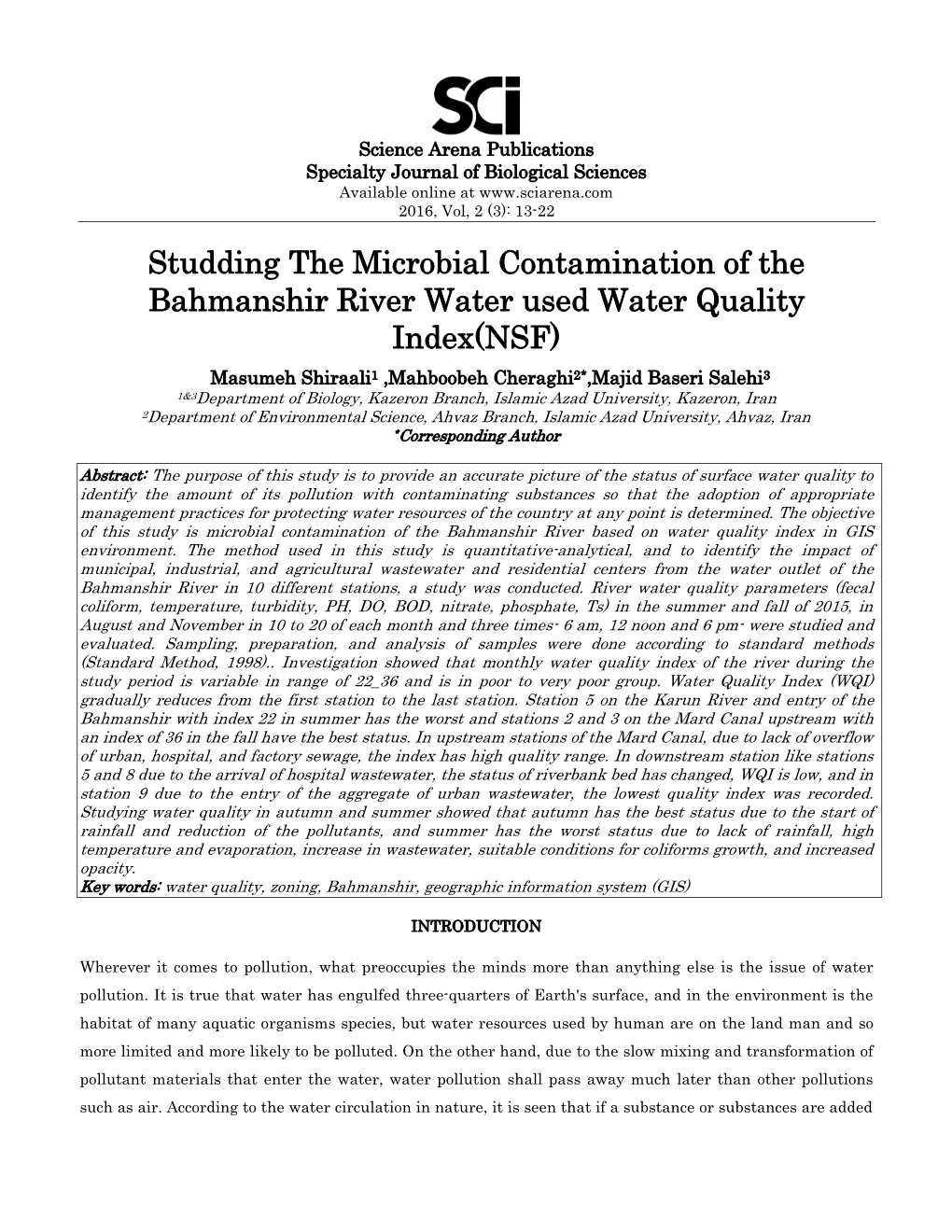 Studding the Microbial Contamination of the Bahmanshir River Water Used Water Quality Index(NSF)