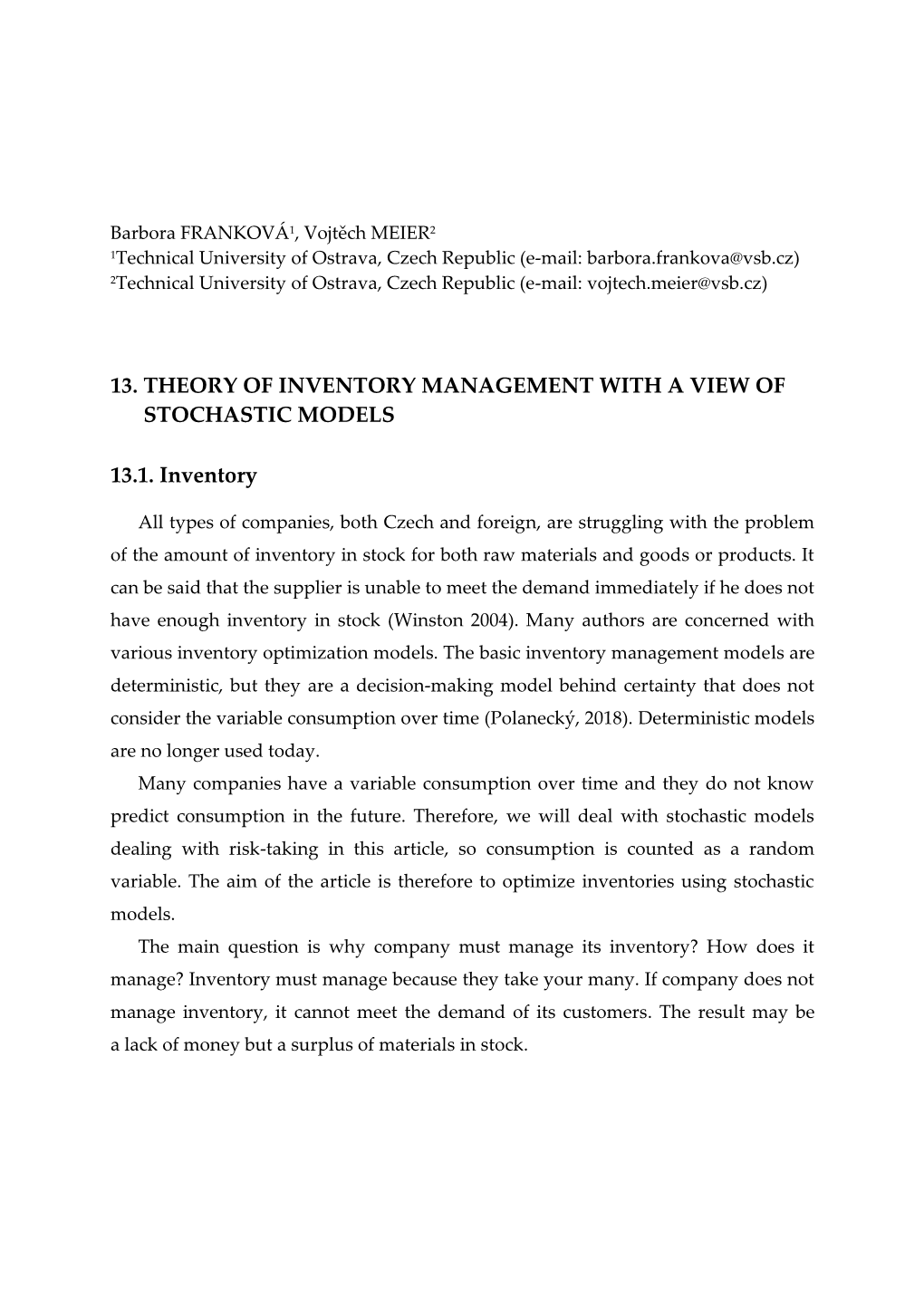 Theory of Inventory Management with a View of Stochastic Models