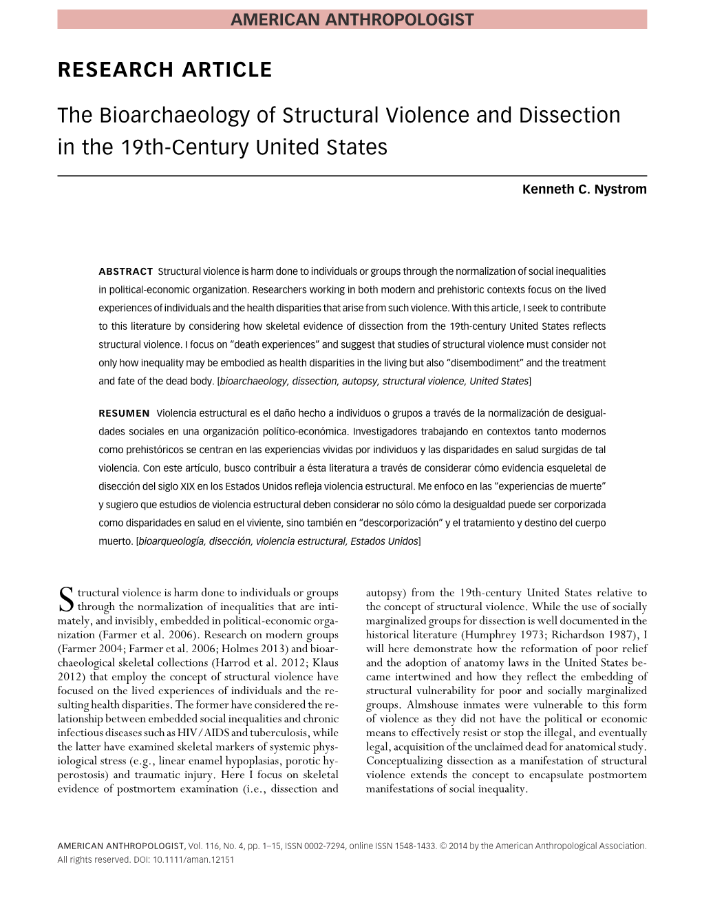The Bioarchaeology of Structural Violence and Dissection in the 19Th-Century United States