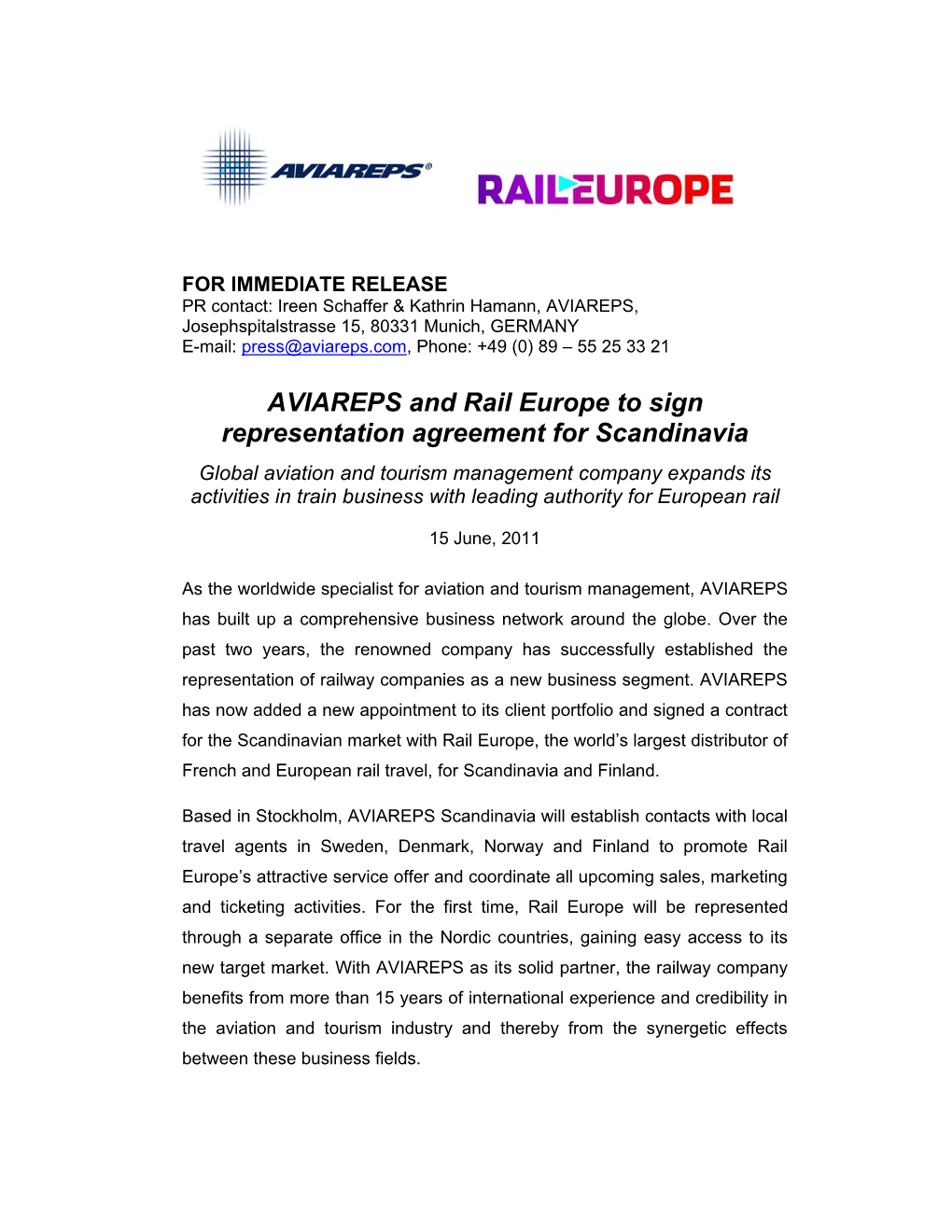 AVIAREPS and Rail Europe to Sign Representation Agreement for Scandinavia