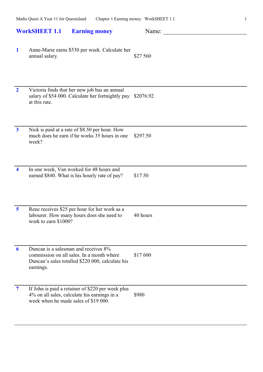 Maths Quest a Year 11 for Queensland Chapter 1 Earning Money Worksheet 1.1 1