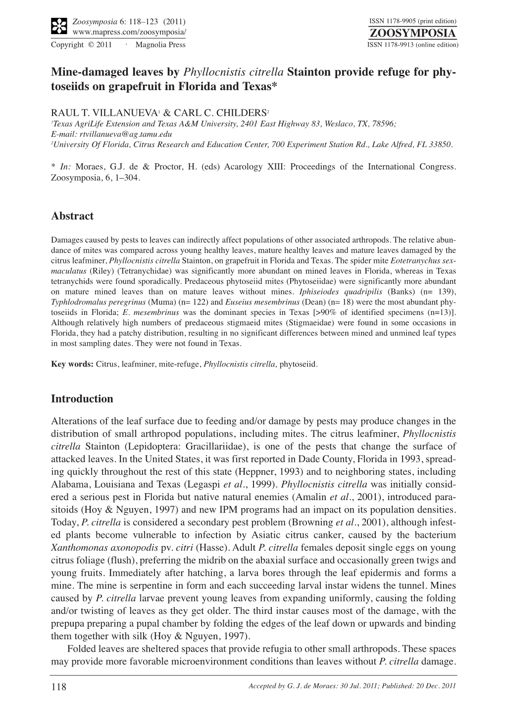 Mine-Damaged Leaves by Phyllocnistis Citrella Stainton Provide Refuge for Phy - Toseiids on Grapefruit in Florida and Texas*