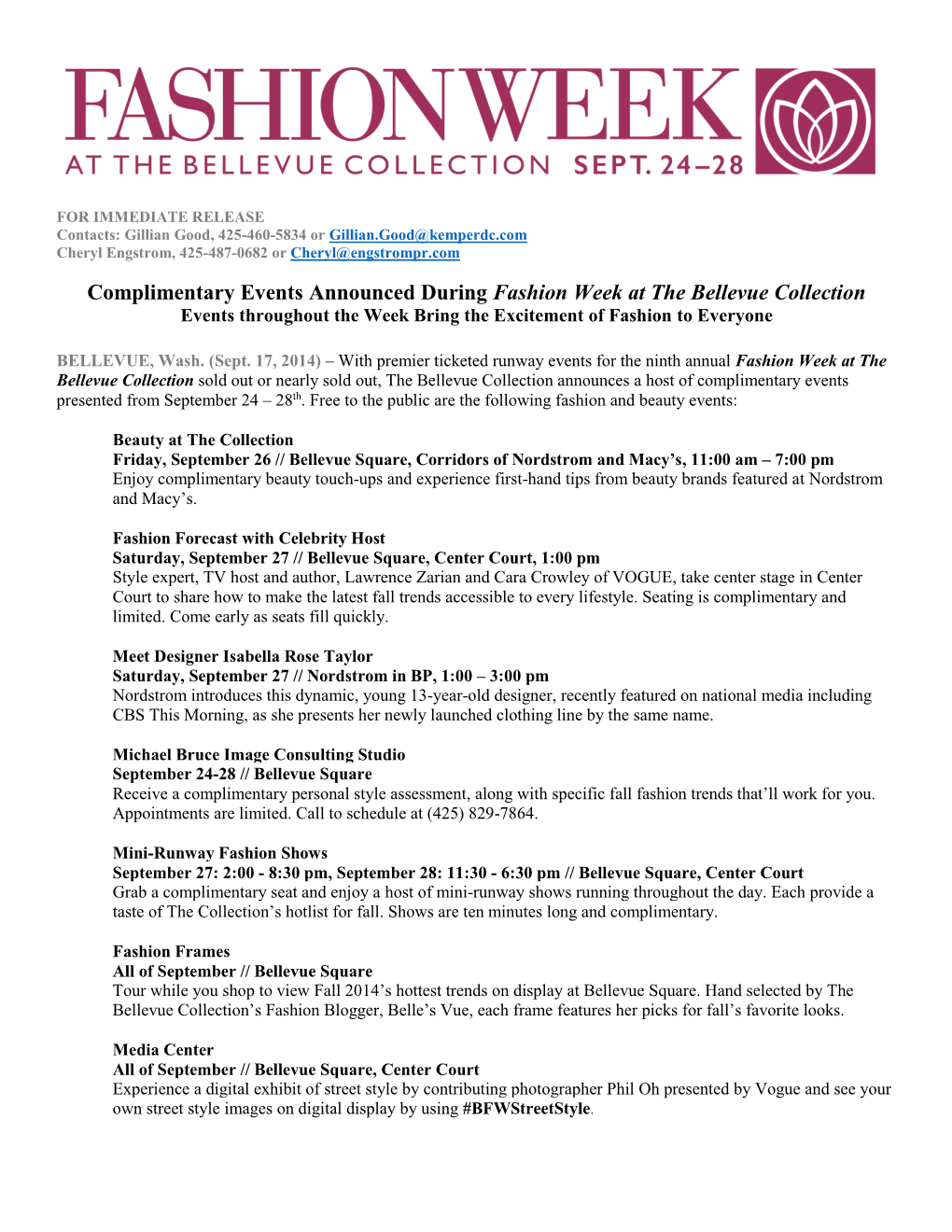 Complimentary Events Announced During Fashion Week at the Bellevue Collection Events Throughout the Week Bring the Excitement of Fashion to Everyone