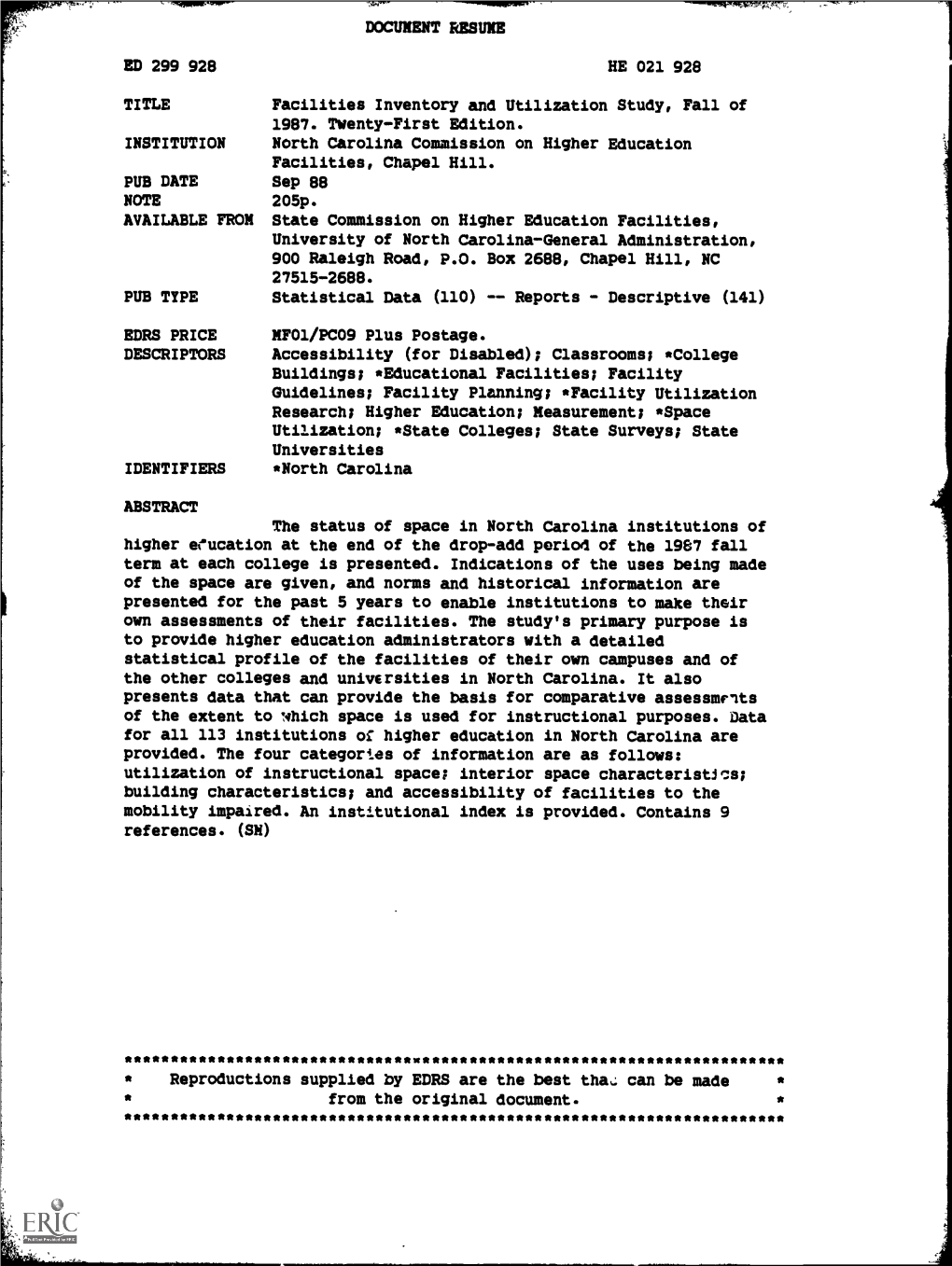 Facilities Inventory and Utilization Study, Fall of 1987. Twenty-First Edition