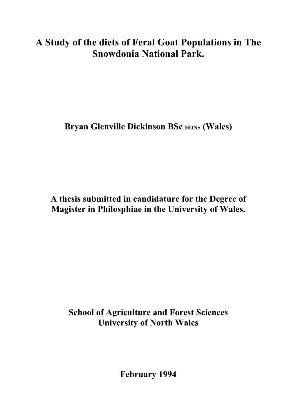 A Study of the Diets of Feral Goat Populations in the Snowdonia National Park