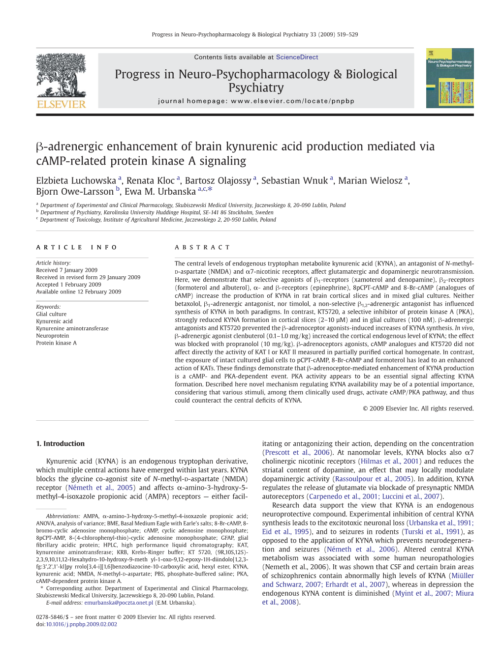 ￎﾲ-Adrenergic Enhancement of Brain Kynurenic Acid Production Mediated