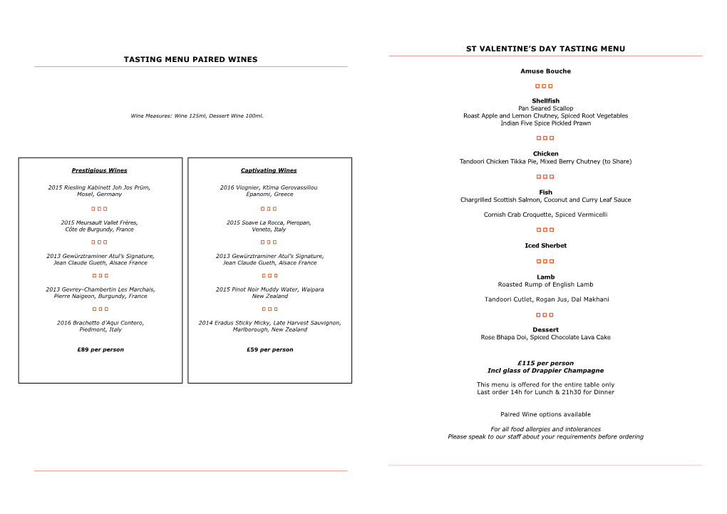 St Valentine's Day Tasting Menu