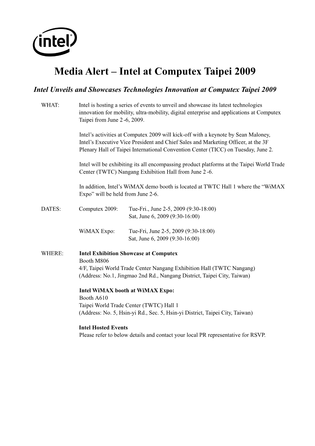 Media Alert – Intel at Computex Taipei 2009