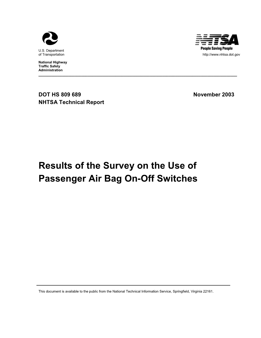 Results of the Survey on the Use of Passenger Air Bag On-Off Switches