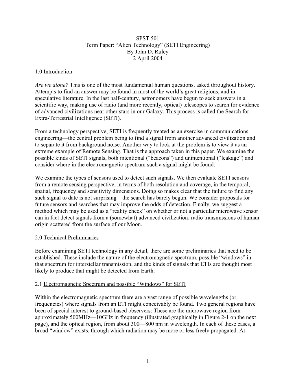 Term Paper: Alien Technology (SETI Engineering)