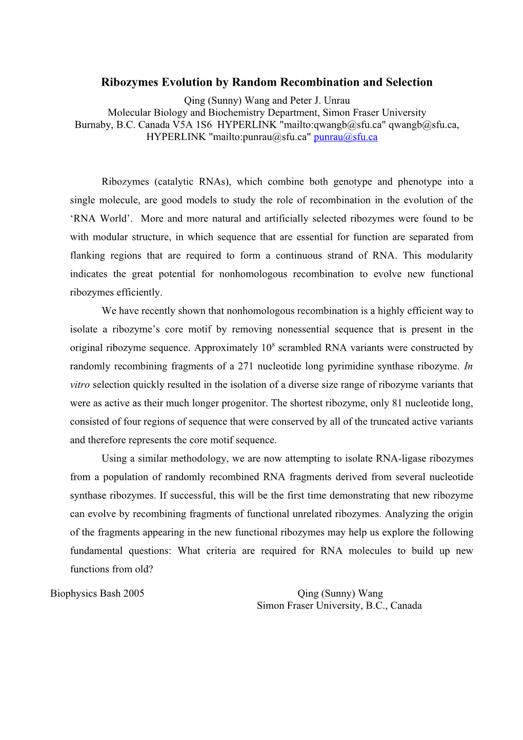 Rna Evolution by Recombination and Selection