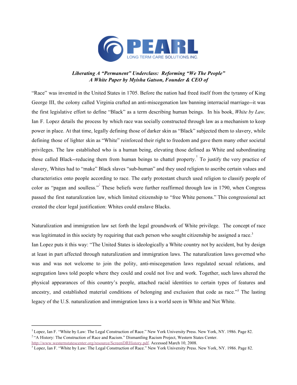 Liberating a “Permanent” Underclass: Reforming “We the People” a White Paper by Myisha Gatson, Founder & CEO Of