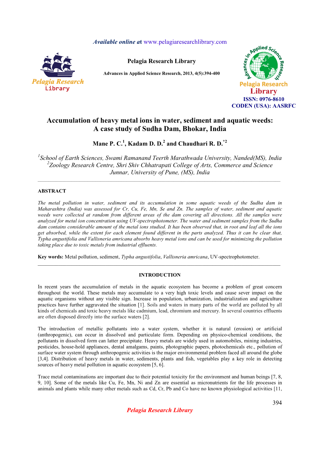 Accumulation of Heavy Metal Ions in Water, Sediment and Aquatic Weeds: a Case Study of Sudha Dam, Bhokar, India