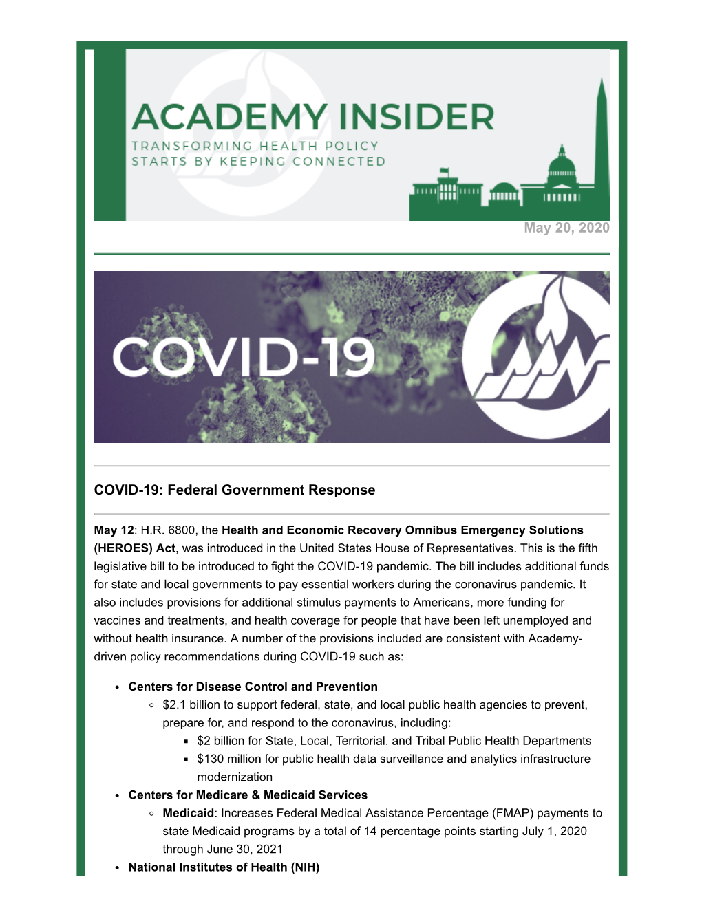 May 20, 2020 COVID-19: Federal Government Response