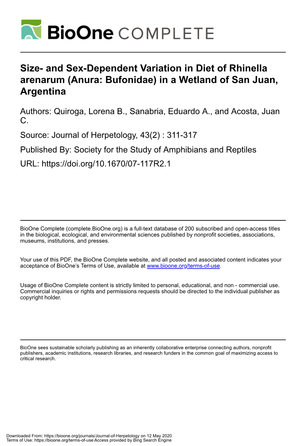 Size- and Sex-Dependent Variation in Diet of Rhinella Arenarum (Anura: Bufonidae) in a Wetland of San Juan, Argentina