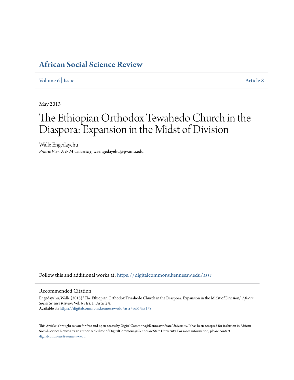 The Ethiopian Orthodox Tewahedo Church in the Diaspora