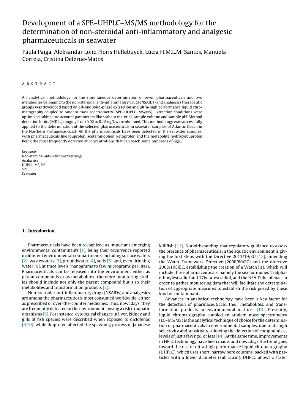 Development of a SPE–UHPLC–MS/MS Methodology for the Determination of Non-Steroidal Anti-Inflammatory and Analgesic Pharmace