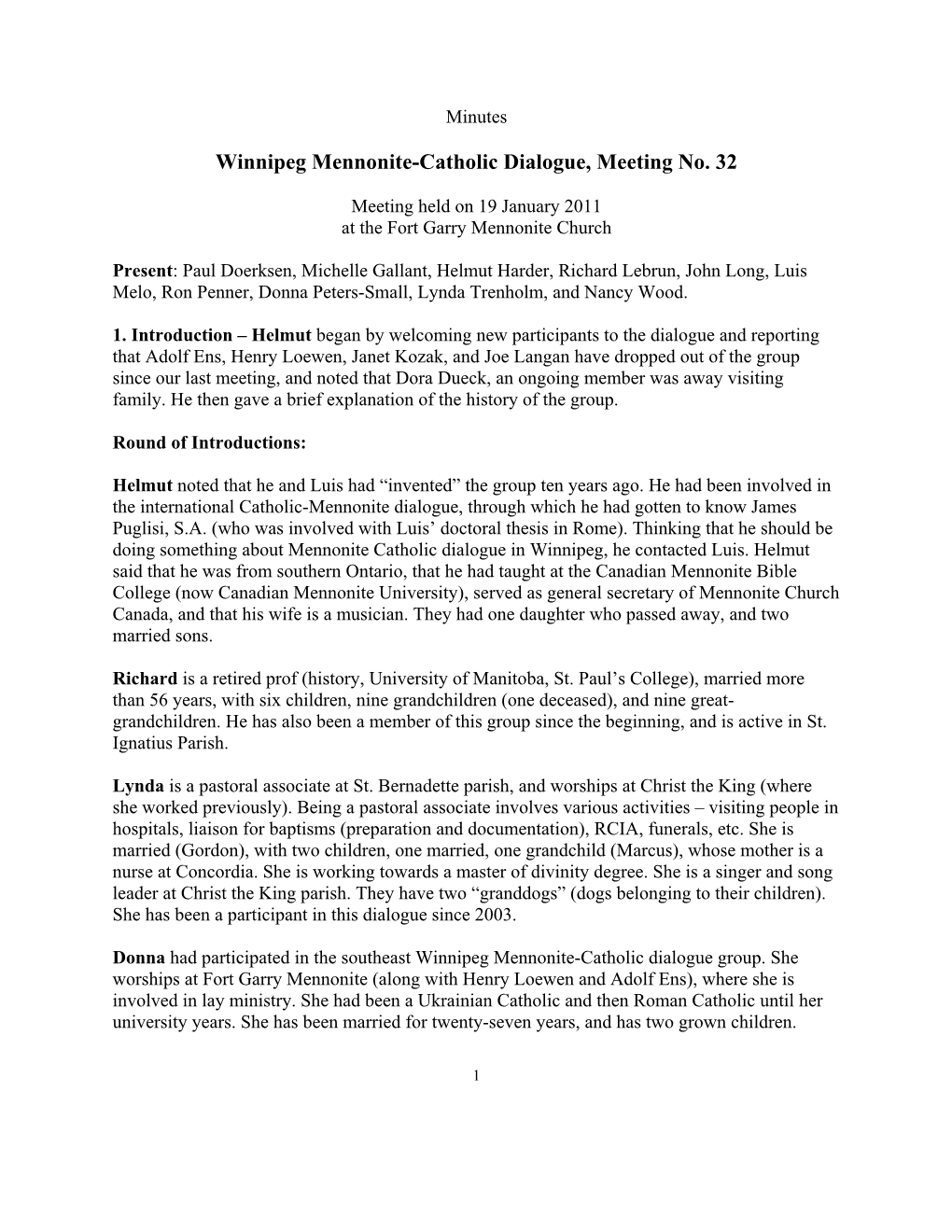 Winnipeg Regional Mennonite-Catholic Dialogue