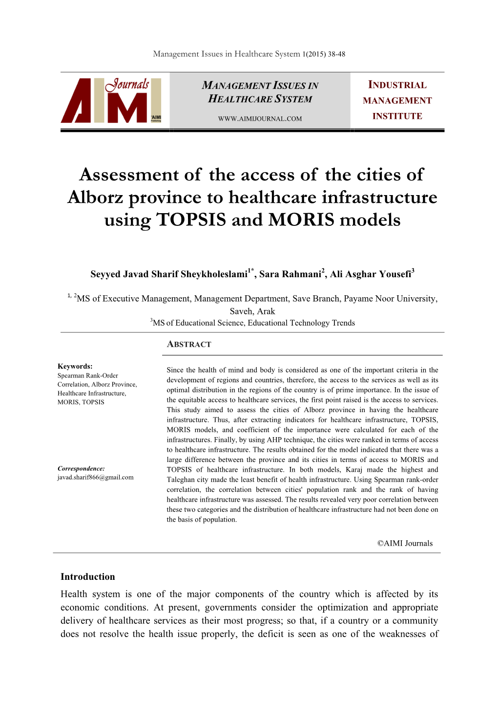Assessment of the Access of the Cities of Alborz Province to Healthcare Infrastructure Using TOPSIS and MORIS Models