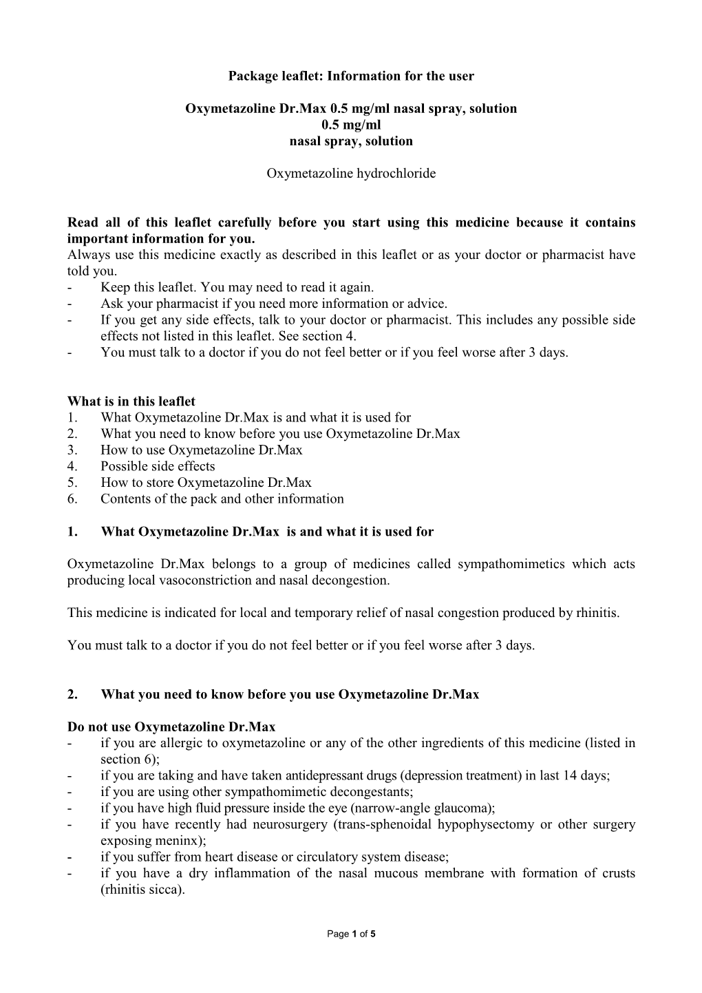 Package Leaflet: Information for the User Oxymetazoline Dr.Max 0.5 Mg