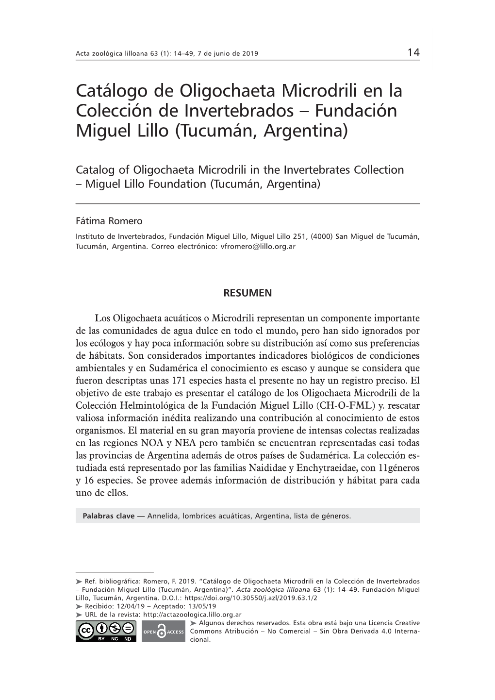 Catálogo De Oligochaeta Microdrili En La Colección De Invertebrados – Fundación Miguel Lillo (Tucumán, Argentina)
