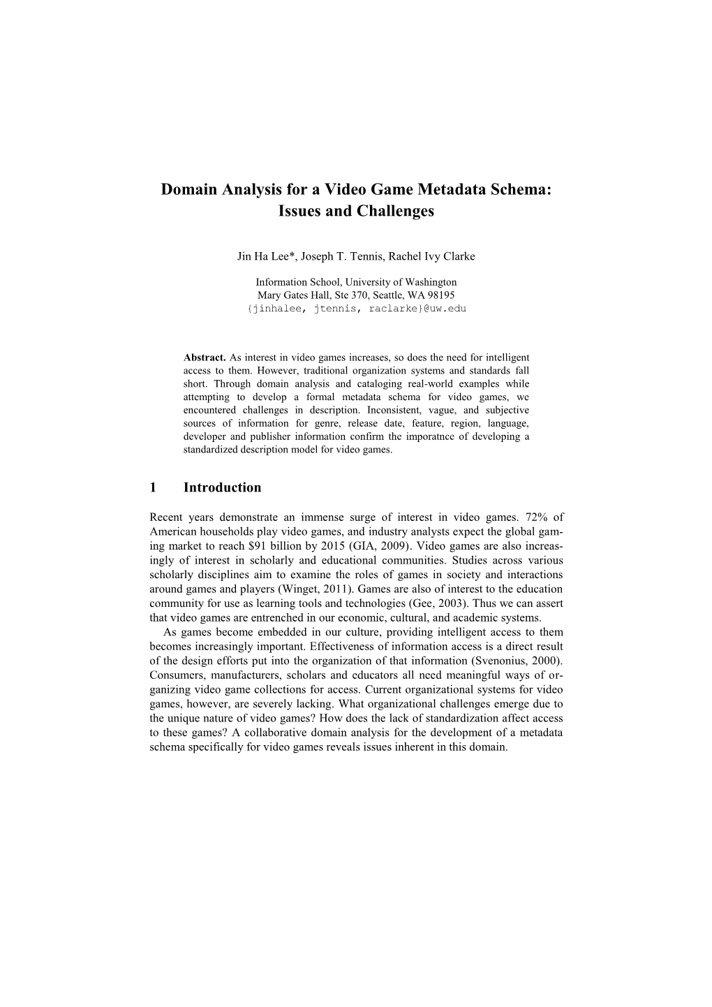 Domain Analysis for a Video Game Metadata Schema: Issues and Challenges