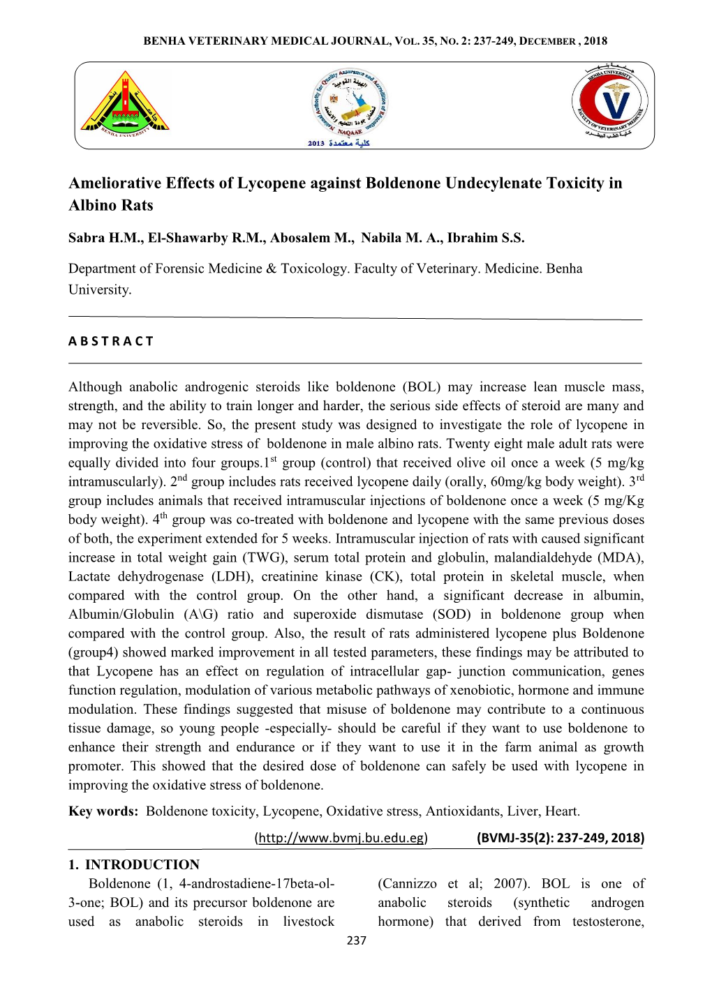 Ameliorative Effects of Lycopene Against Boldenone Undecylenate Toxicity in Albino Rats