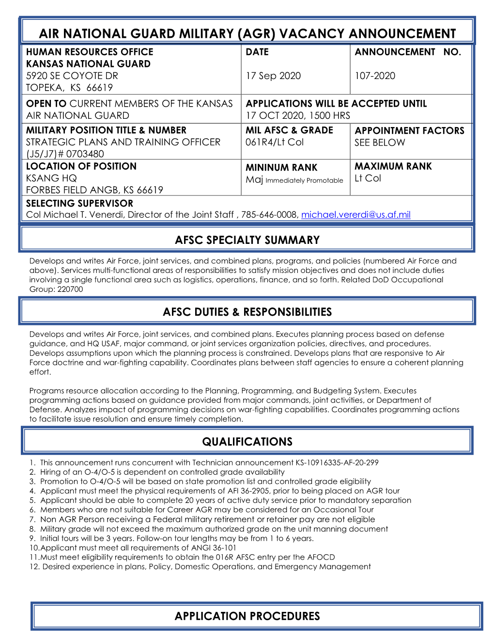 Air National Guard Military (Agr) Vacancy Announcement Human Resources Office Date Announcement No