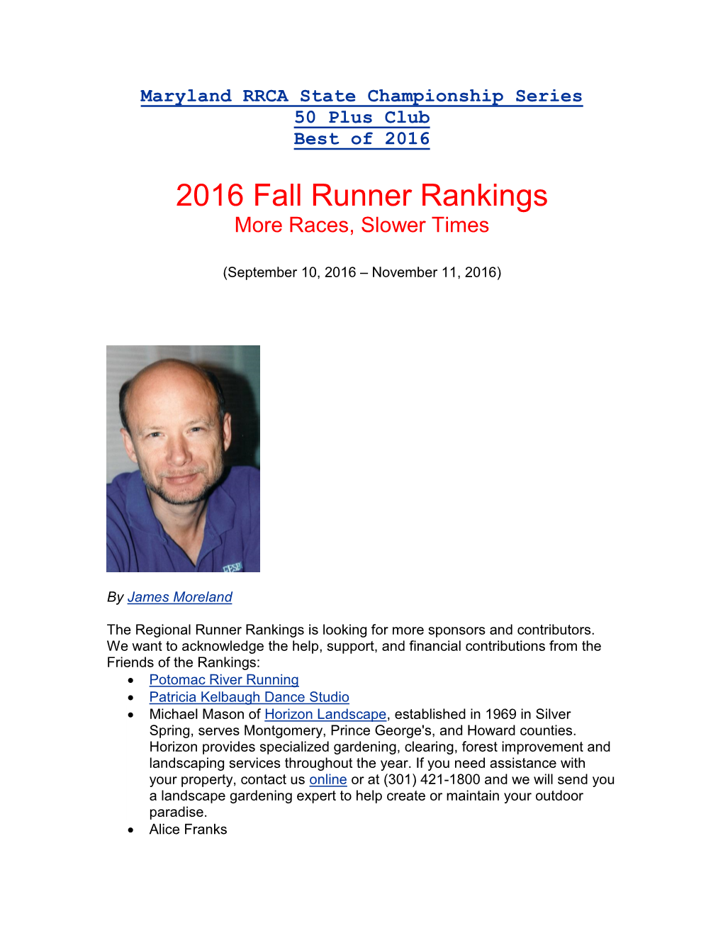 2016 Fall Runner Rankings More Races, Slower Times