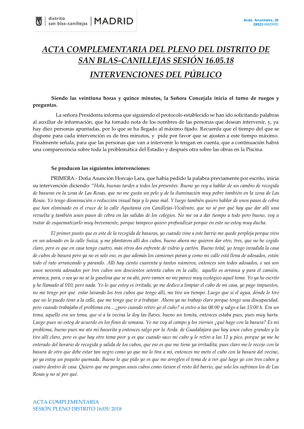 Acta Complementaria Del Pleno Del Distrito De San Blas-Canillejas Sesión 17