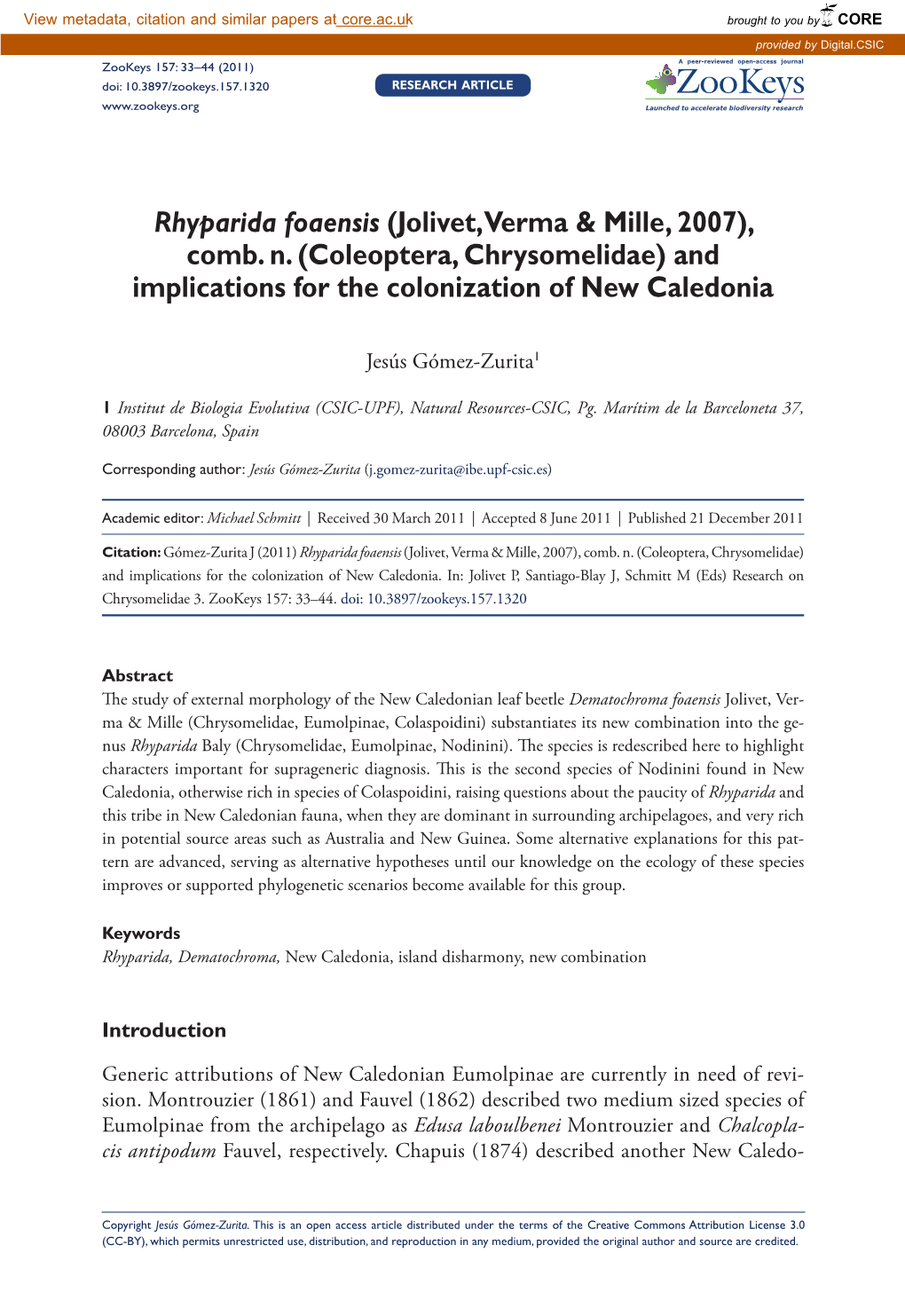 Coleoptera, Chrysomelidae) and Implications for the Colonization of New Caledonia