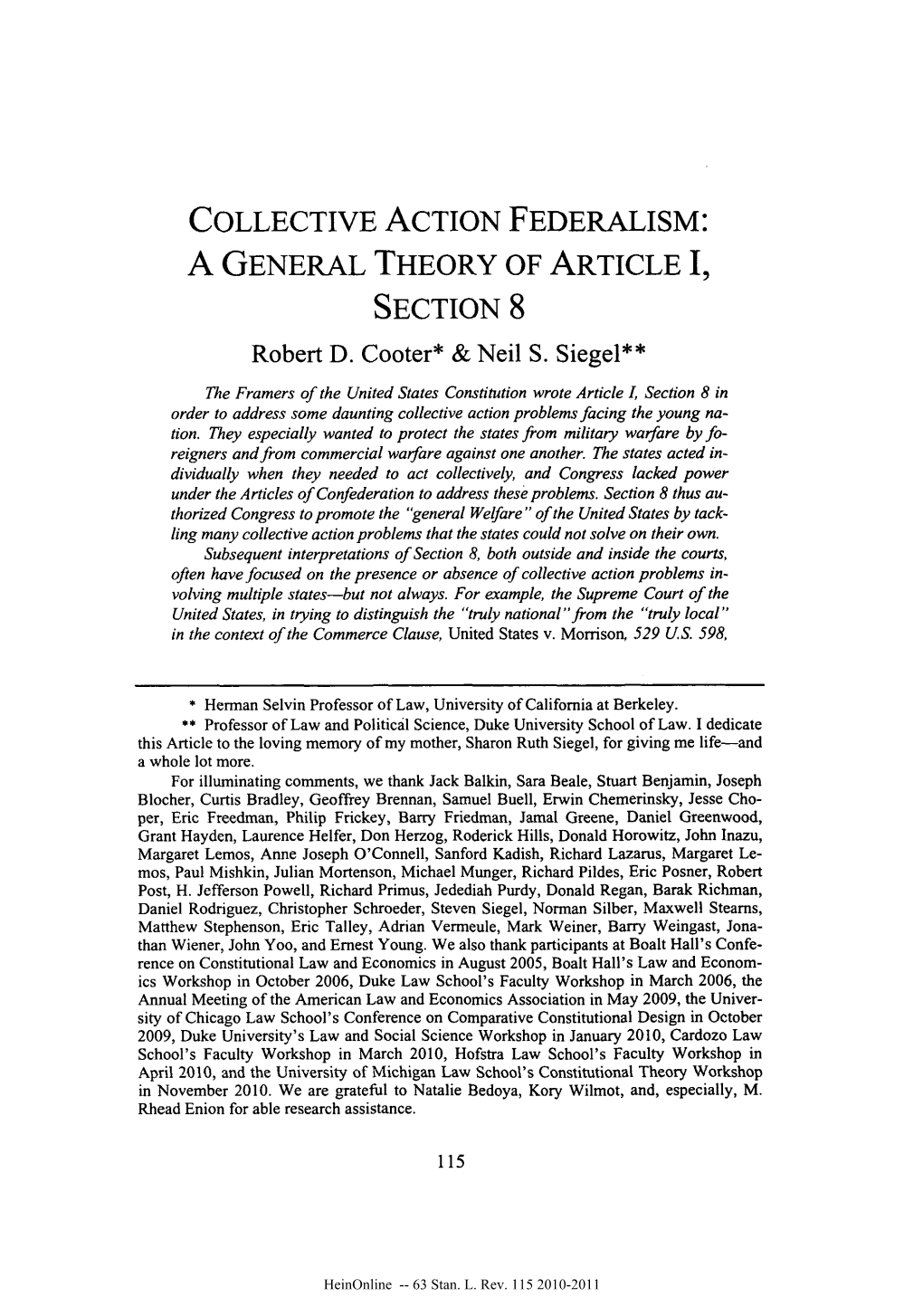 COLLECTIVE ACTION FEDERALISM: a GENERAL THEORY of ARTICLE I, SECTION 8 Robert D