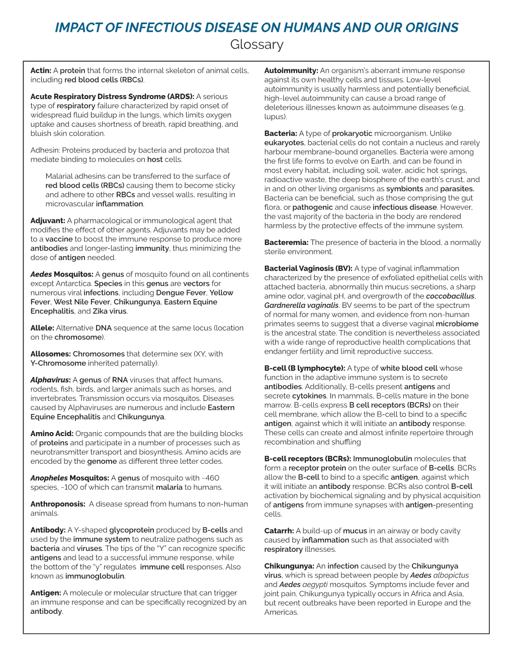 IMPACT of INFECTIOUS DISEASE on HUMANS and OUR ORIGINS Glossary