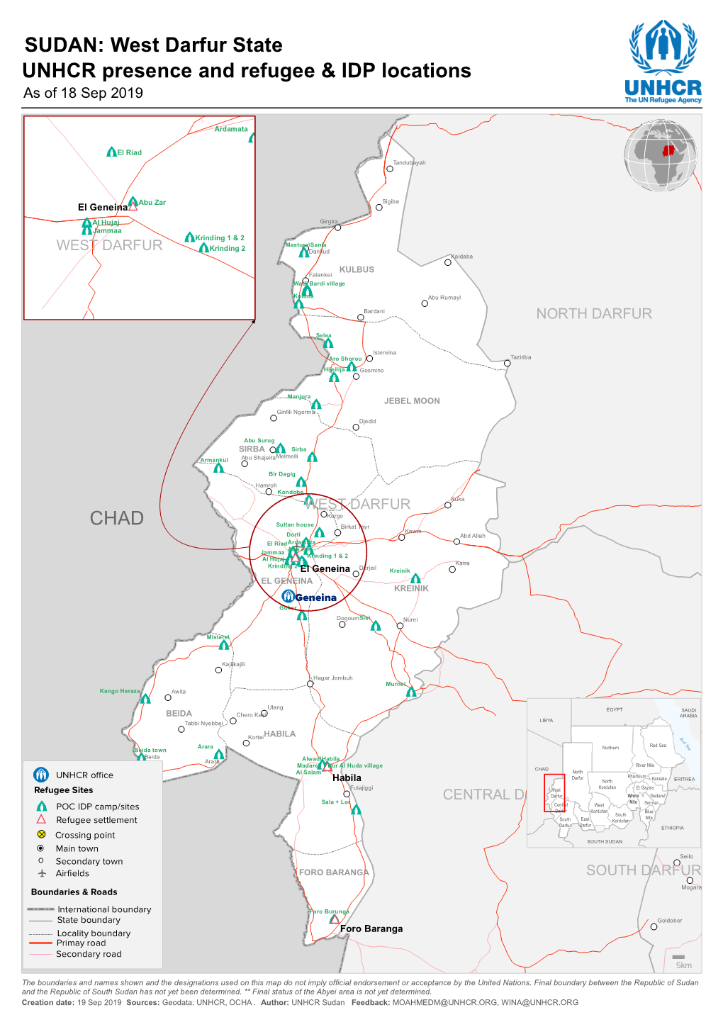 SUDAN: West Darfur State UNHCR Presence and Refugee & IDP Locations