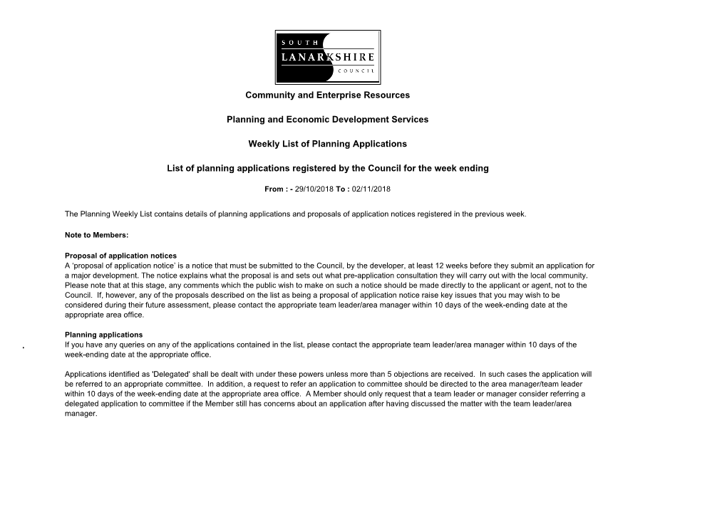 Community and Enterprise Resources Planning and Economic Development Services Weekly List of Planning Applications List of Plann