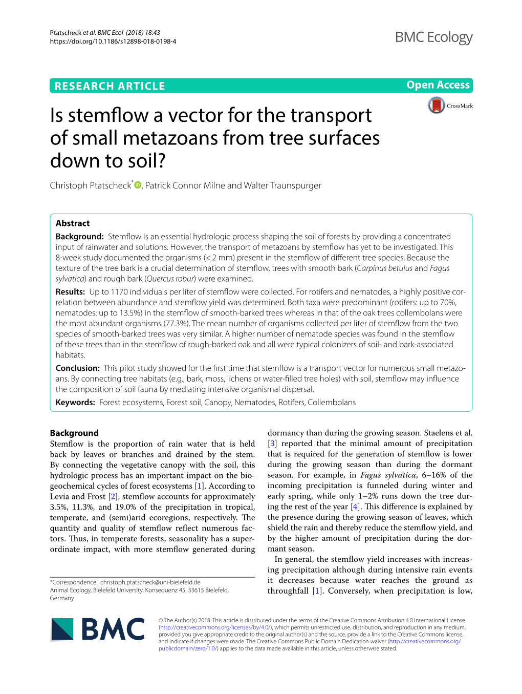 Is Stemflow a Vector for the Transport of Small Metazoans from Tree Surfaces