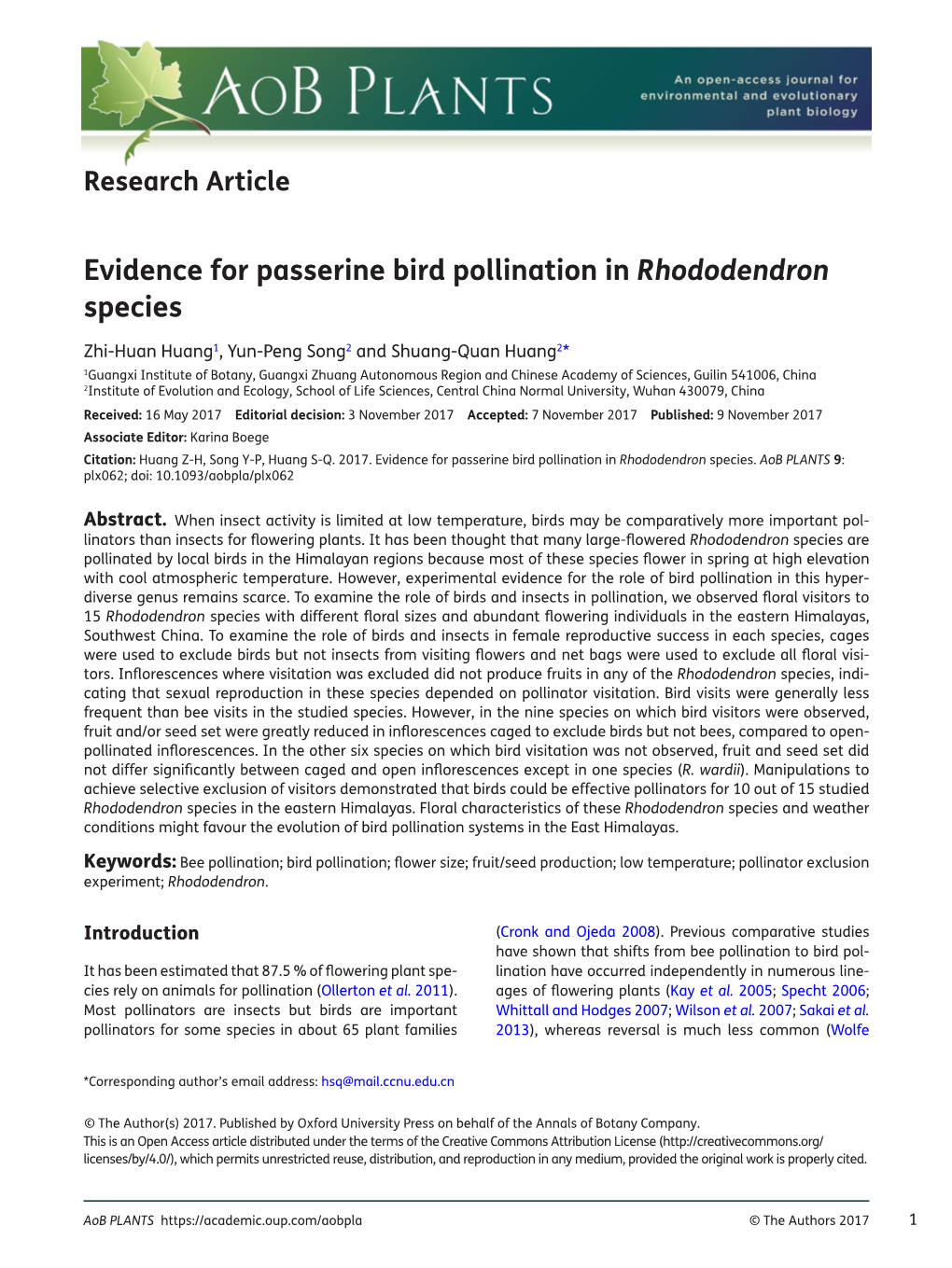 Evidence for Passerine Bird Pollination in Rhododendron Species