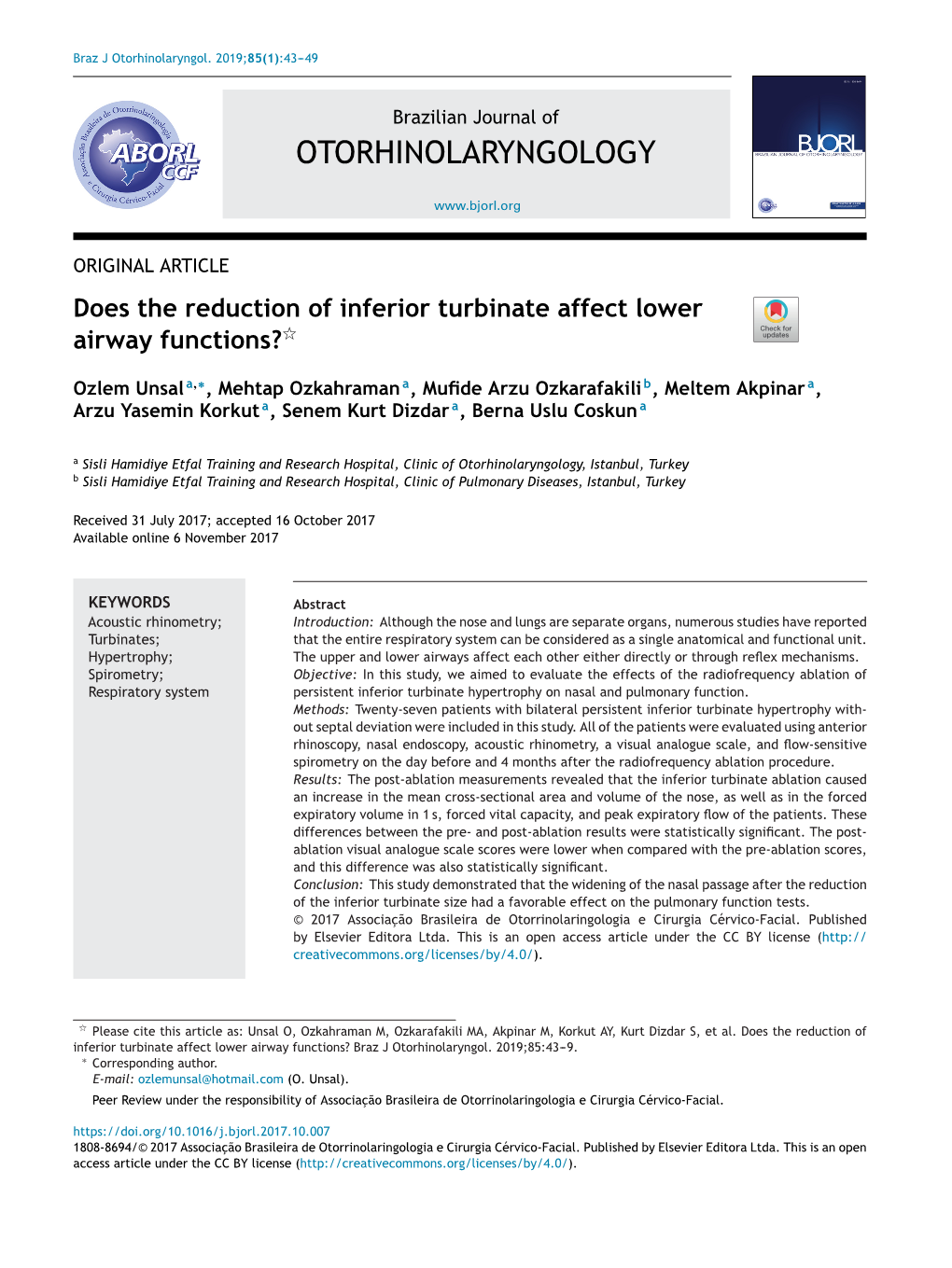 Does the Reduction of Inferior Turbinate Affect Lower Airway Functions?