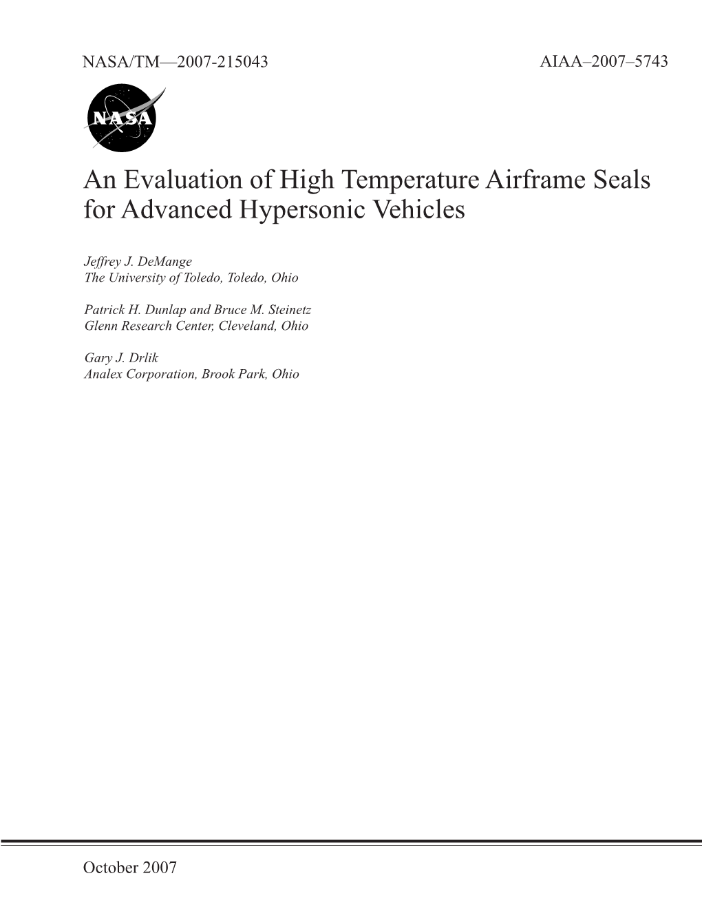 An Evaluation of High Temperature Airframe Seals for Advanced Hypersonic Vehicles