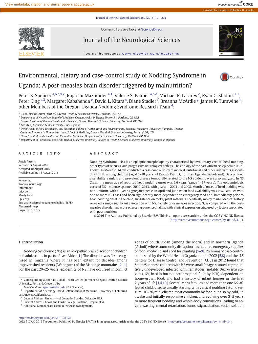 Environmental, Dietary and Case-Control Study of Nodding Syndrome in Uganda: a Post-Measles Brain Disorder Triggered by Malnutrition?