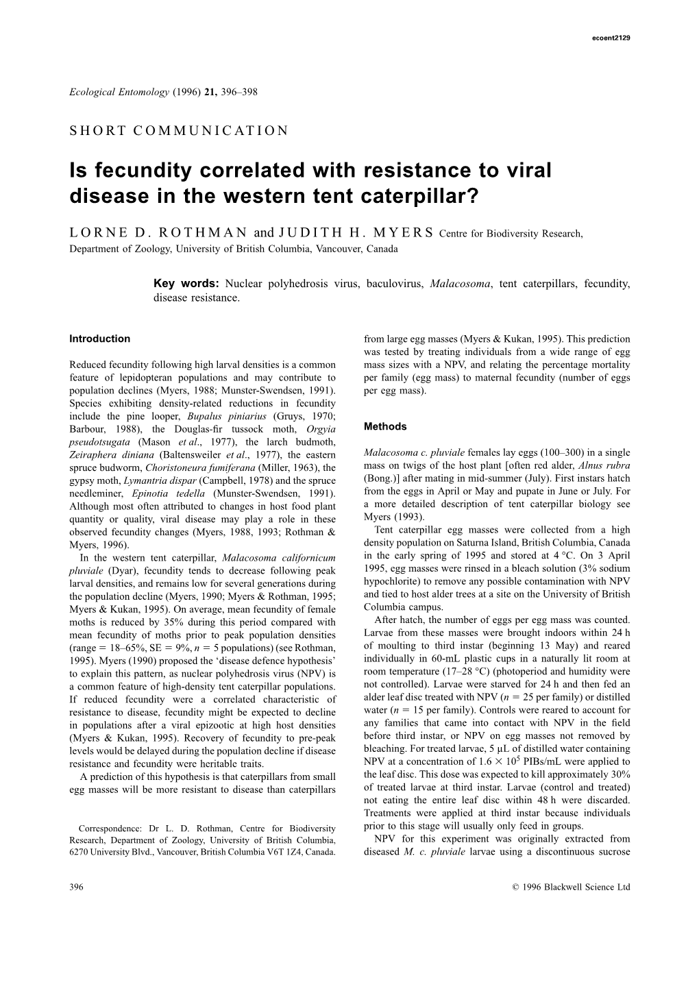 Is Fecundity Correlated with Resistance to Viral Disease in the Western Tent Caterpillar?