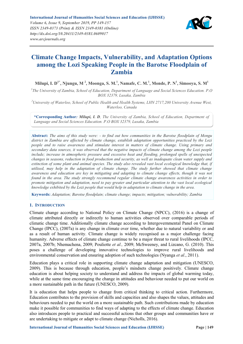 Climate Change Impacts, Vulnerability, and Adaptation Options Among the Lozi Speaking People in the Barotse Floodplain of Zambia