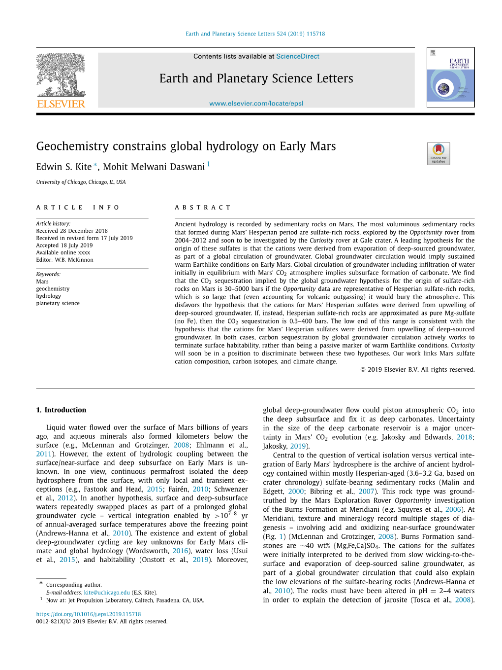 Geochemistry Constrains Global Hydrology on Early Mars ∗ Edwin S