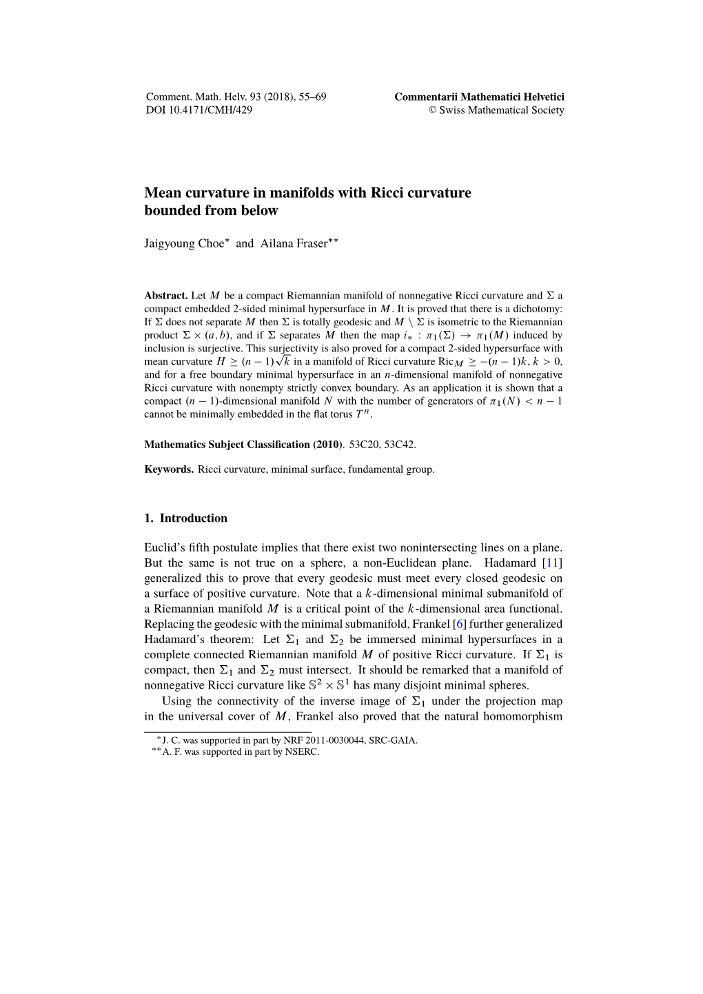 Mean Curvature in Manifolds with Ricci Curvature Bounded from Below