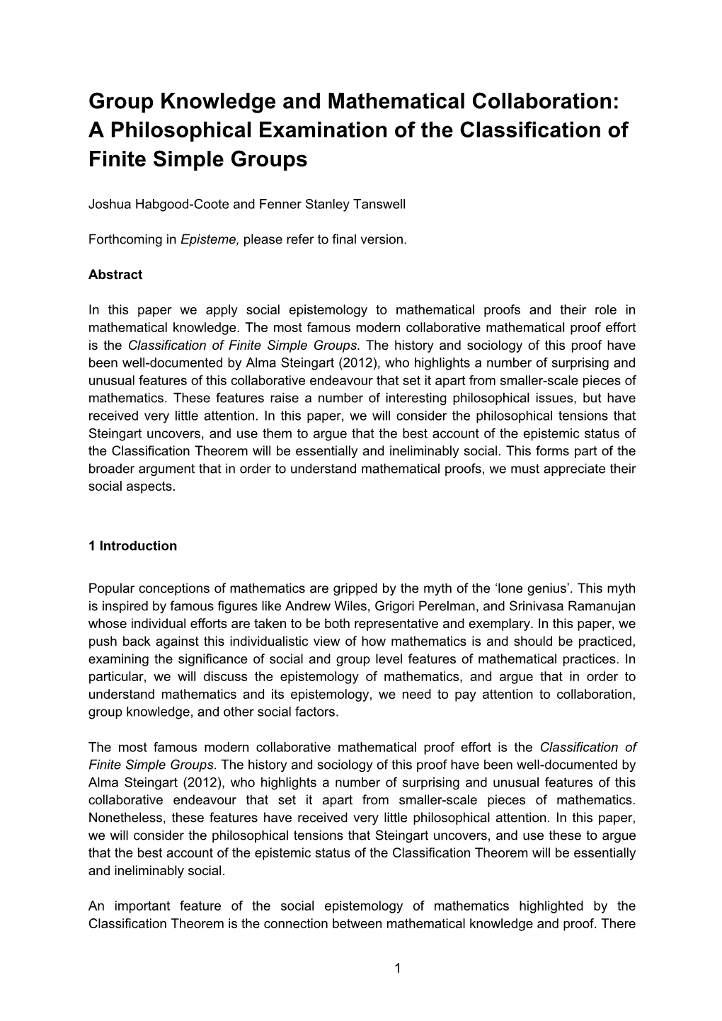 Group Knowledge and Mathematical Collaboration: a Philosophical Examination of the Classification of Finite Simple Groups