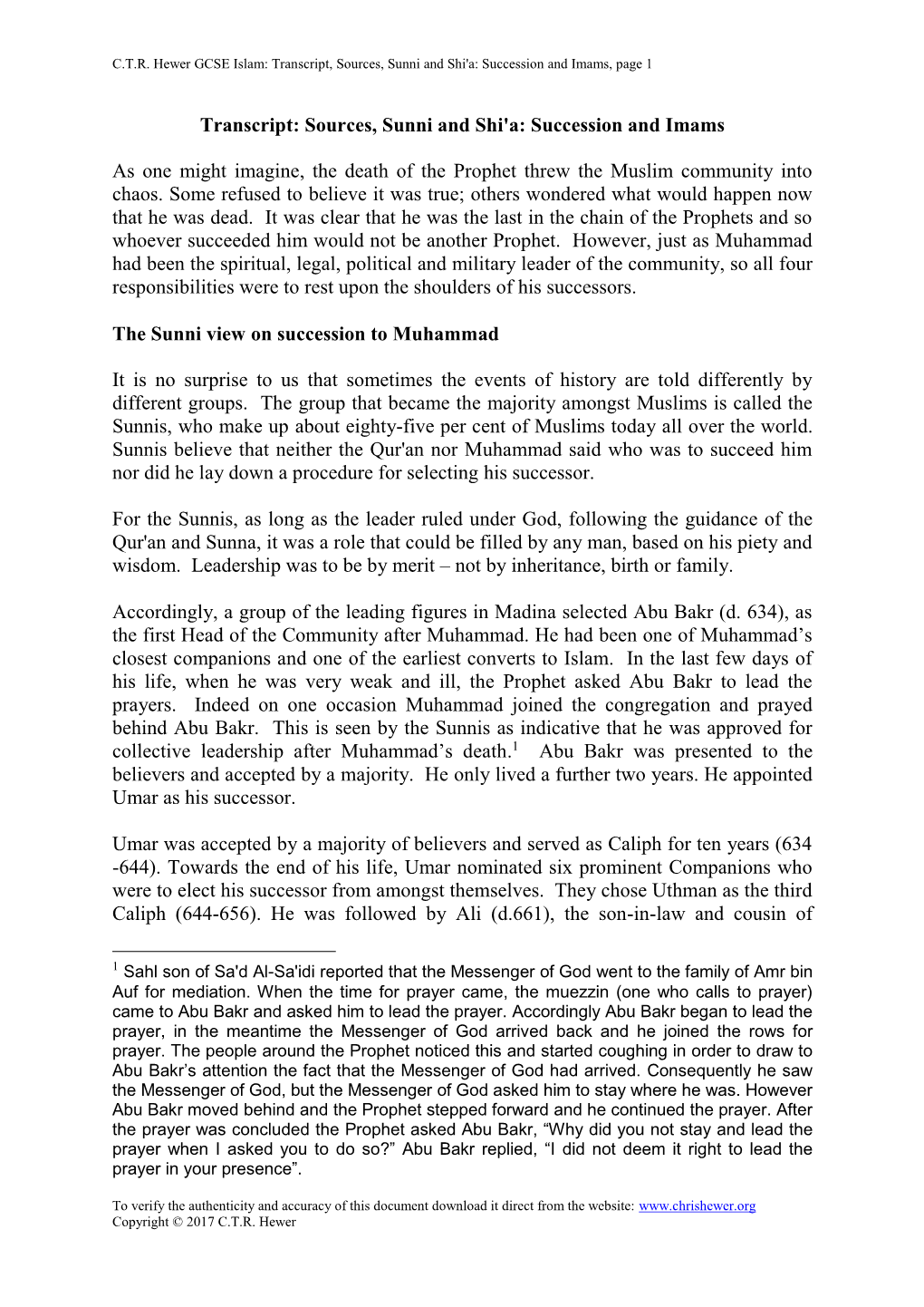 Sunni and Shi'a: Succession and Imams, Page 1